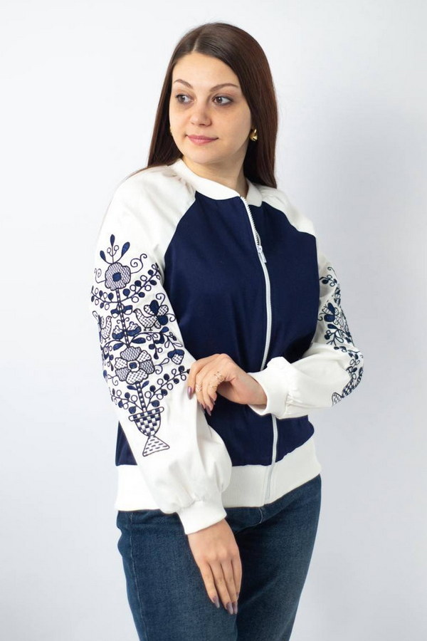 Women's blue bomber with embroidery on the sleeves "Blooming Garden"